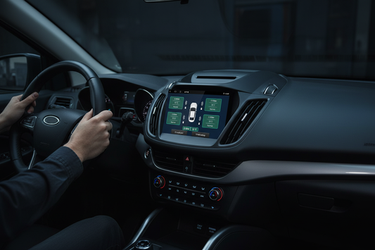Tire pressure monitoring system display on car dashboard showing real-time readings with blue ambient lighting